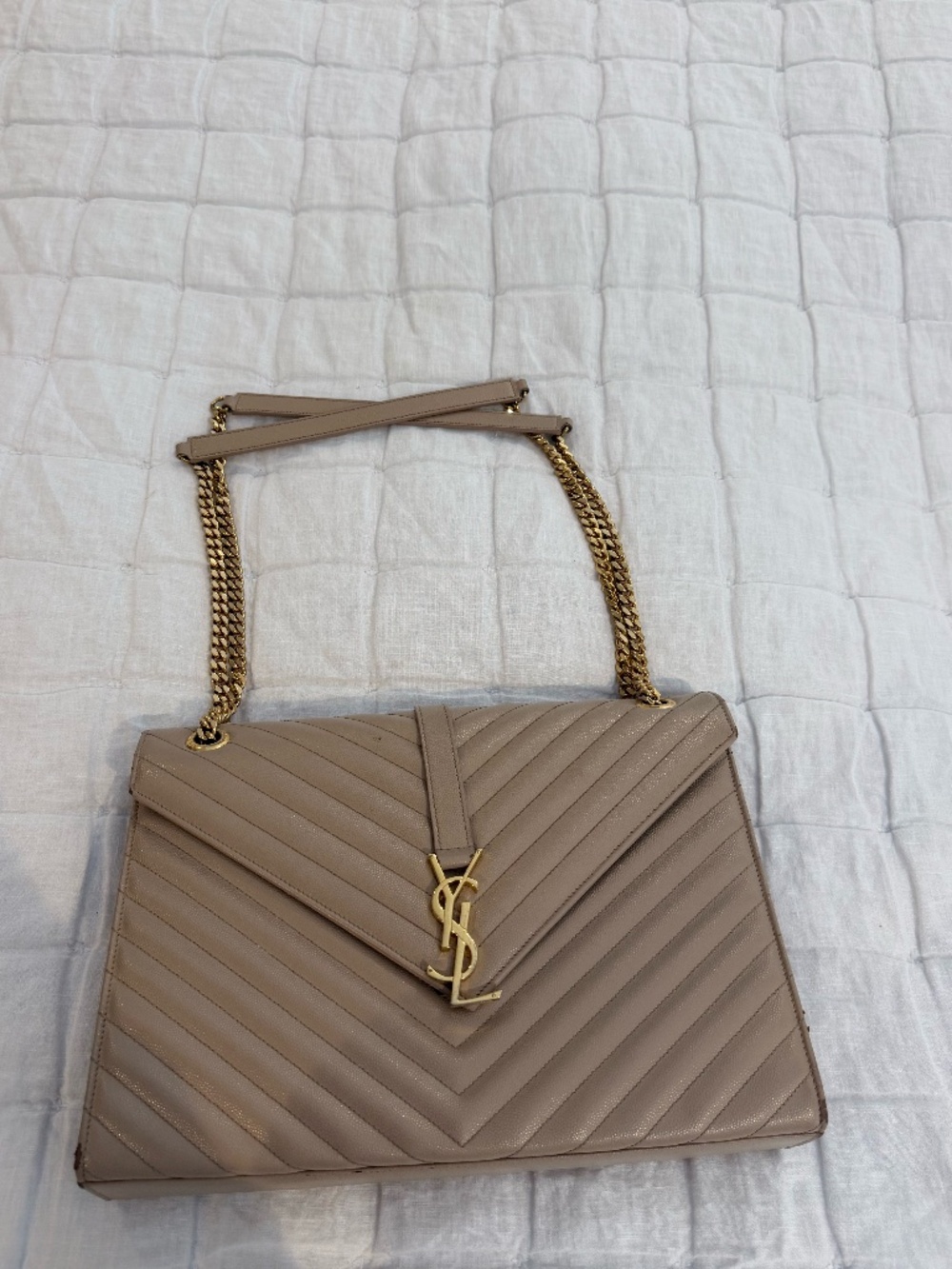 Saint Laurent Beige Large Grain de Poudre Chevron - Envelope Satchel YSL Bag